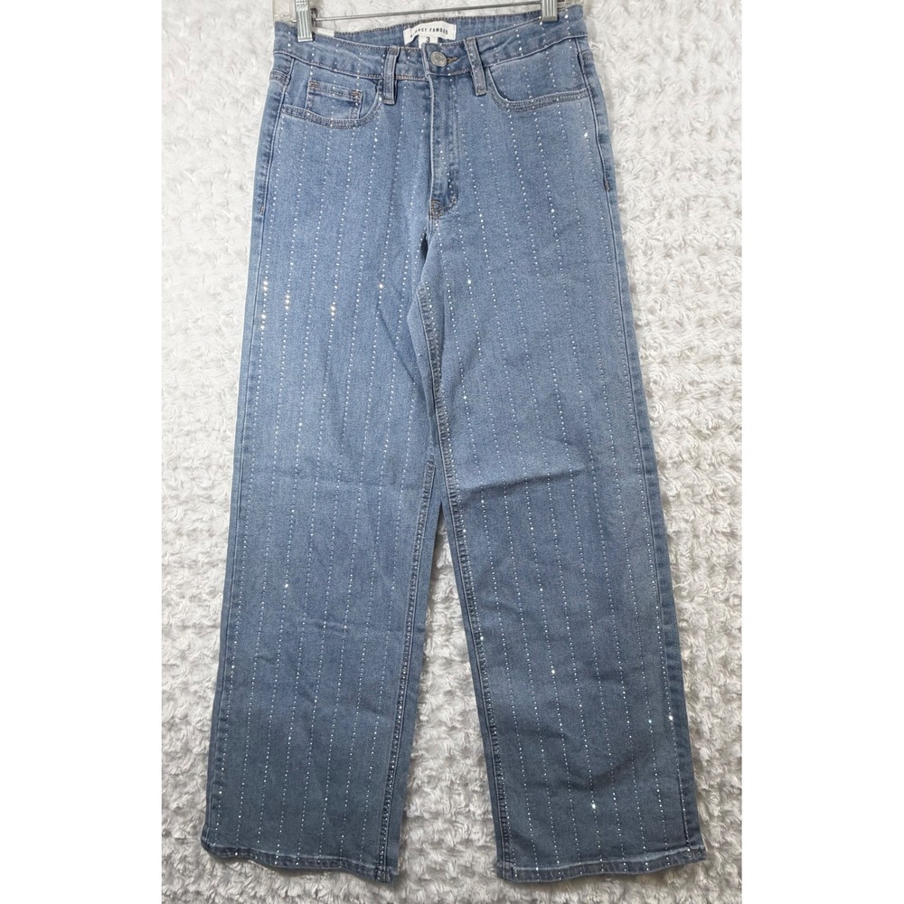 Almost Famous Women Size 3‎ Rhinestone Wide Leg Light Wash Blue High Rise Jeans